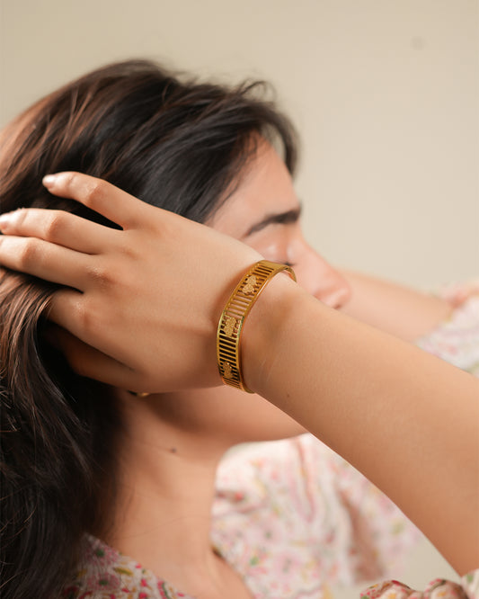 Mahttab Triple Clover Cutout Bracelet | Gold Finished Steel Bangle with V Shaped Frame and Brushed Clover Motifs | Elegant Openwork Bracelet for Daily and Festive Styling