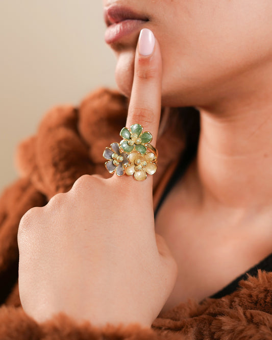 Gold Finish Multi-Flower Statement Ring for Women | Enamel Green & Lavender Floral Jewelry, Party & Festive Wear