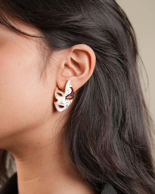 Exquisite Enamel Painted Mask-Inspired Statement Earrings | Artistic Multicolor Design with Gold Accents for Bold Fashion Looks