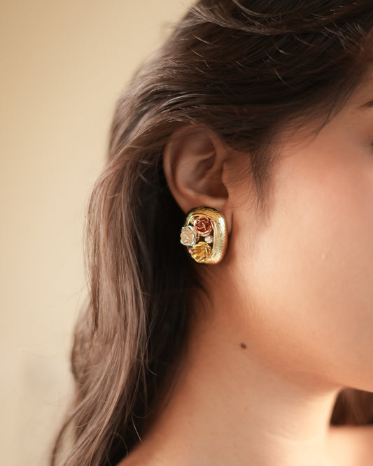 Elegant Gold-Plated Stud Earrings with Intricate Three-Tone Rose Motif in White, Yellow, and Rose Gold Finish for Timeless Floral Charm
