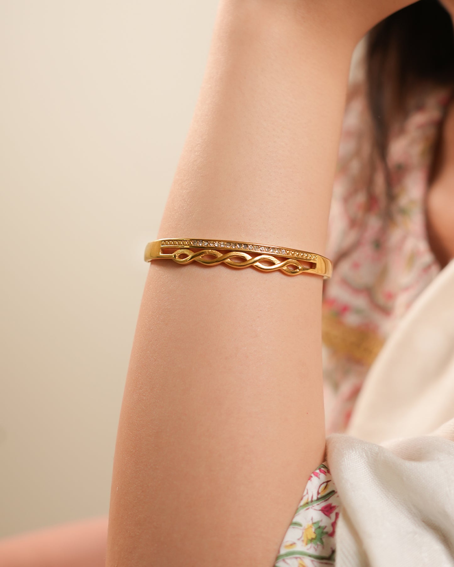 Golden Serpentine Stone Bracelet | Gold-Tone Half-Braided Bangle with Intertwined Rope Design & Micro-Pavé CZ Row | Elegant Everyday & Festive Bracelet