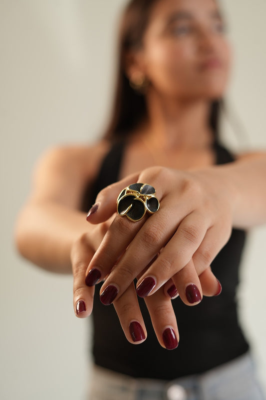 Black Enamel Floral Statement Ring with Artistic Petal Design | Bold Fashion Jewelry for Parties, Weddings, and Festive Wear