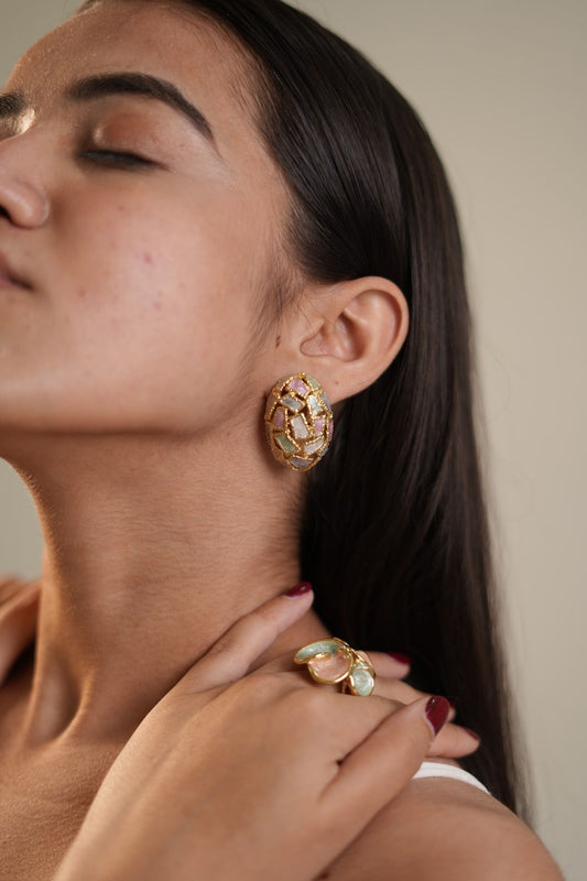 Gold-Plated Oval Mosaic Earrings with Multi-Colored Enamel Detailing for Artistic Flair