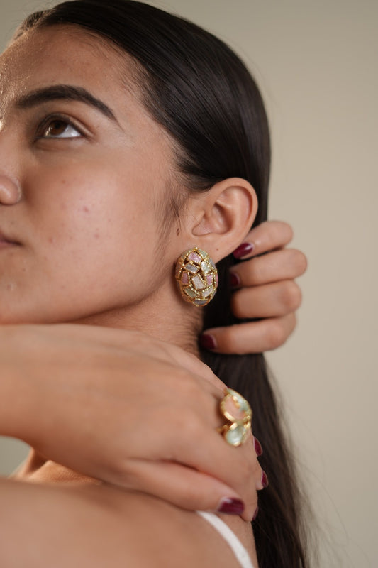 Gold-Plated Oval Mosaic Earrings with Multi-Colored Enamel Detailing for Artistic Flair