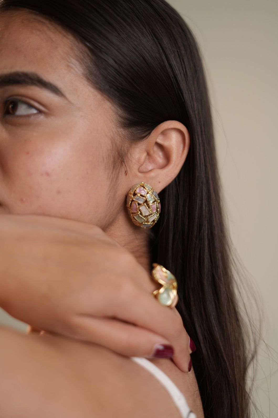 Gold-Plated Oval Mosaic Earrings with Multi-Colored Enamel Detailing for Artistic Flair