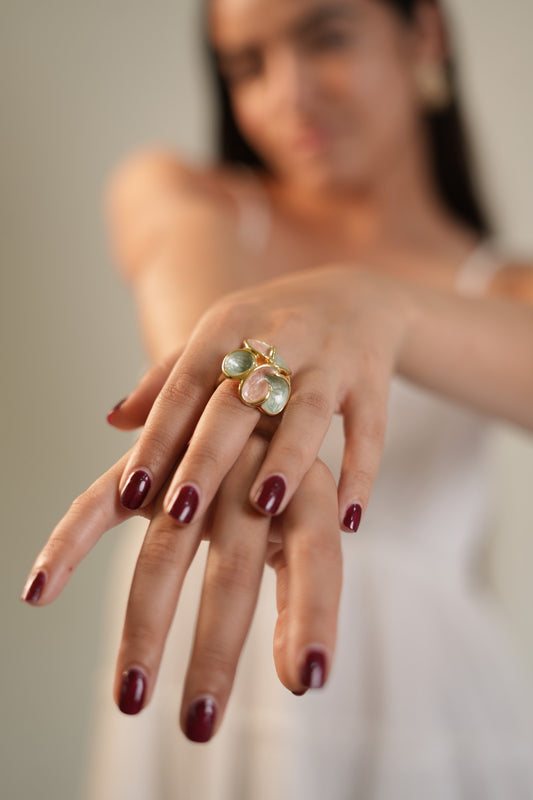 Pastel Flower Floral Statement Ring with Green and Peach Enamel Petals | Elegant Cocktail Jewelry for Weddings, Parties, and Festive Wear