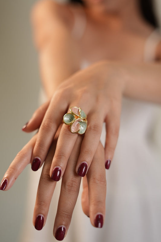 Pastel Flower Floral Statement Ring with Green and Peach Enamel Petals | Elegant Cocktail Jewelry for Weddings, Parties, and Festive Wear