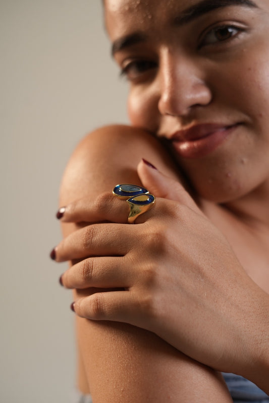 Gold Plated Dual Teardrop Design Ring for Women with Blue and Black Stone | Stylish Fashion Jewelry for Party, Wedding and Daily Wear