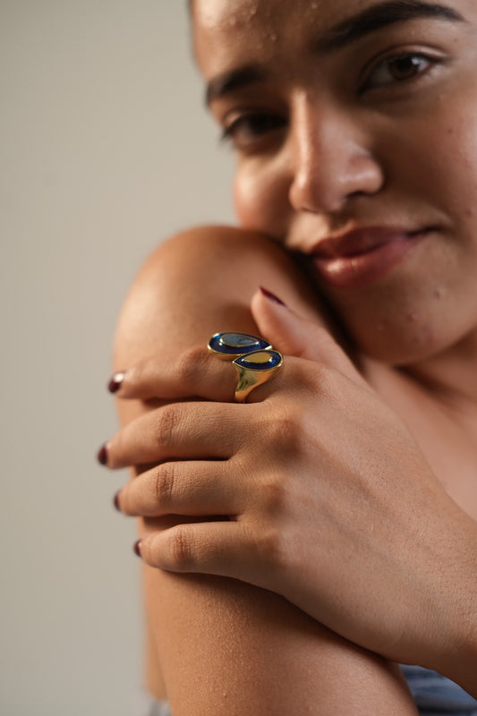 Gold Plated Dual Teardrop Design Ring for Women with Blue and Black Stone | Stylish Fashion Jewelry for Party, Wedding and Daily Wear