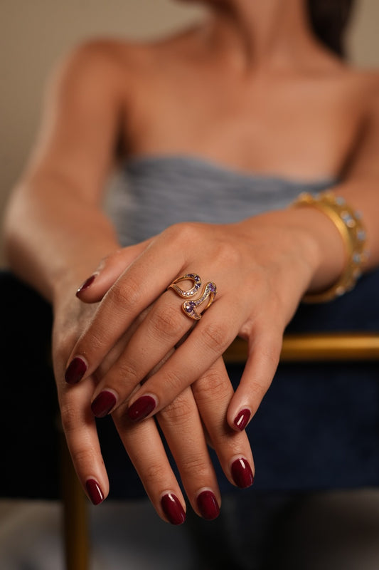 Open Band Gold Finish Ring for Women with Purple Crystal Detailing | Stylish Statement Fashion Jewelry for Party, Wedding, Daily Wear