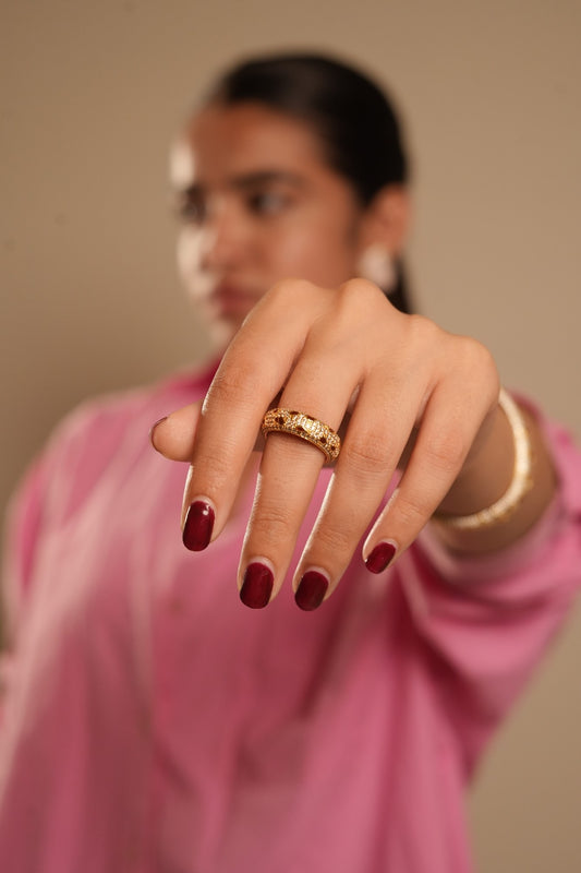 Gold Finish Ruby Red Stone Band Ring for Women with Diamond Look Detailing | Elegant Fashion Jewelry for Party, Wedding, and Daily Wear