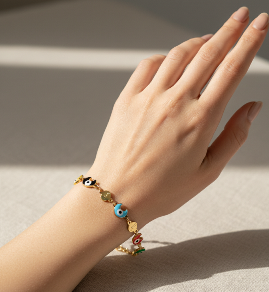 Mahttab Rainbow Love Bracelet | Colorful Evil Eye and Crescent Motifs with Gold Tone Love Hearts | Playful Everyday and Festive Chain Bracelet for Women
