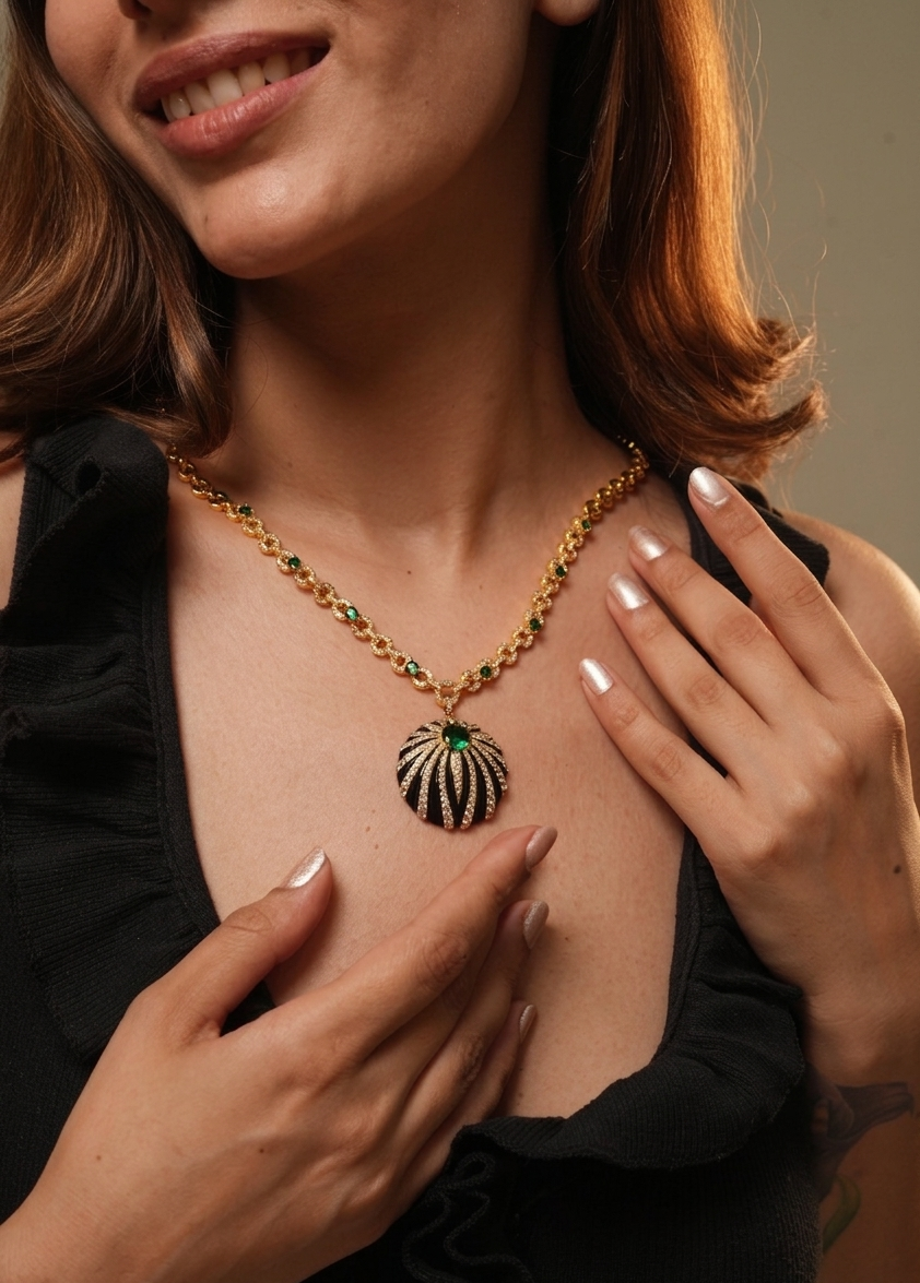 Royal Emerald Radiance Necklace – Gold Chain with Diamond-Encrusted Pendant