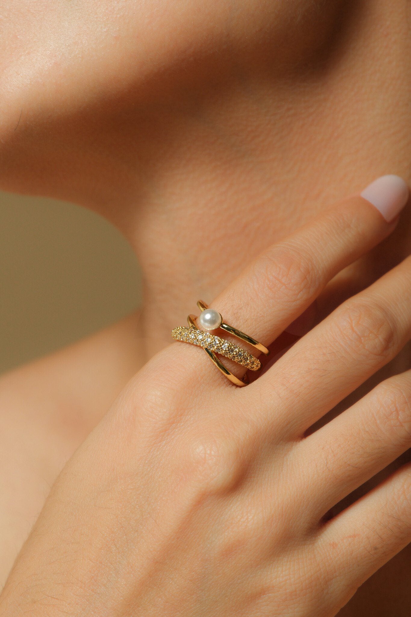 Crossed Pearl & Pave Statement Ring | Gold-Tone Adjustable Criss-Cross Multi-Band Ring with Central Pearl & Full Pave CZ Accent | Elegant Cocktail & Party Ring