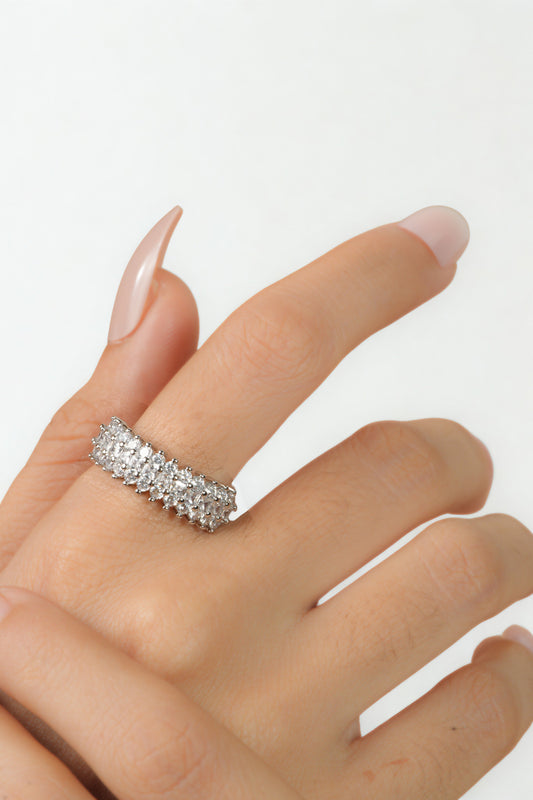 Silver Double-Row Baguette Ring | Adjustable Wide Band with Parallel Baguette-Cut CZ Stones | High-Sparkle Statement Ring for Women