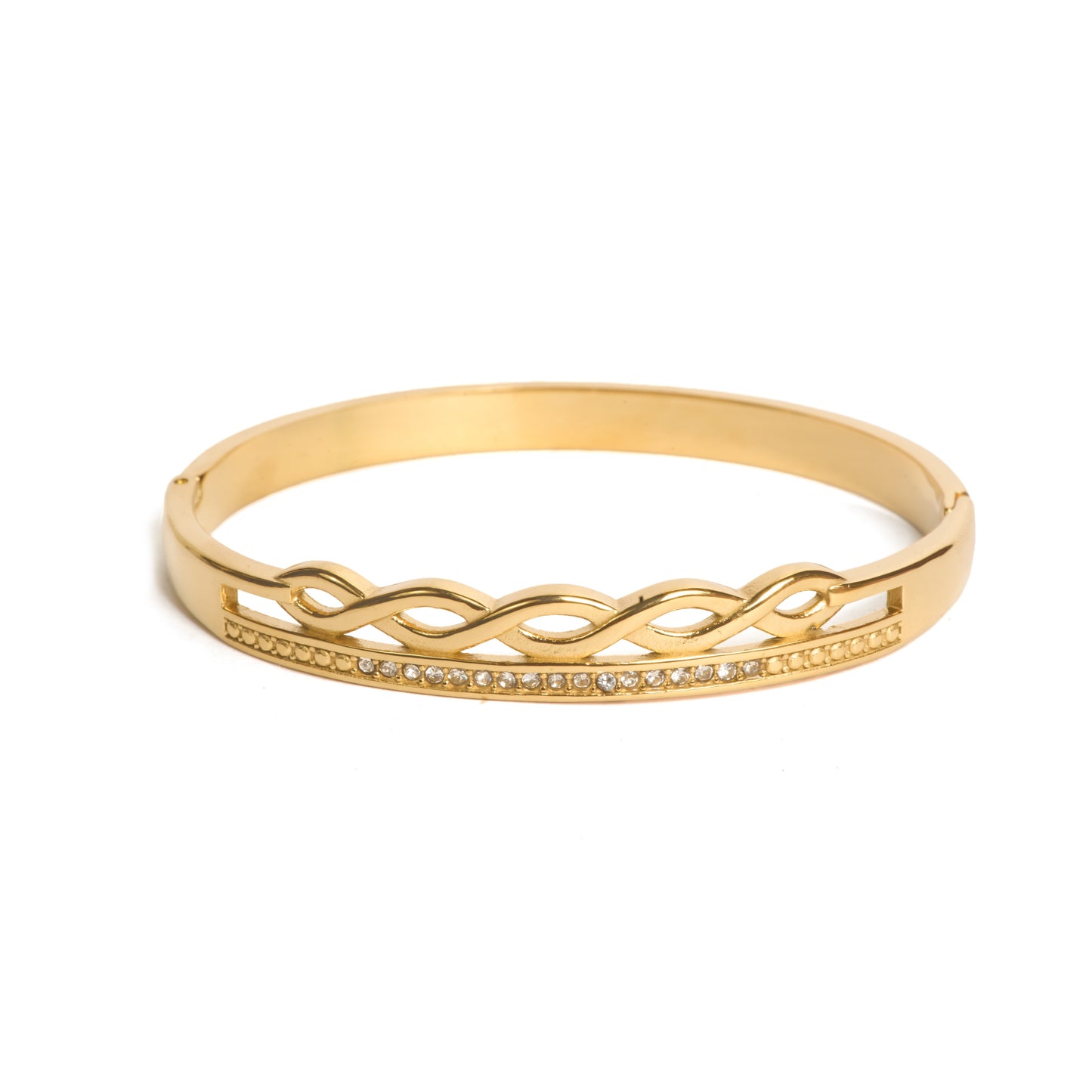 Golden Serpentine Stone Bracelet | Gold-Tone Half-Braided Bangle with Intertwined Rope Design & Micro-Pavé CZ Row | Elegant Everyday & Festive Bracelet