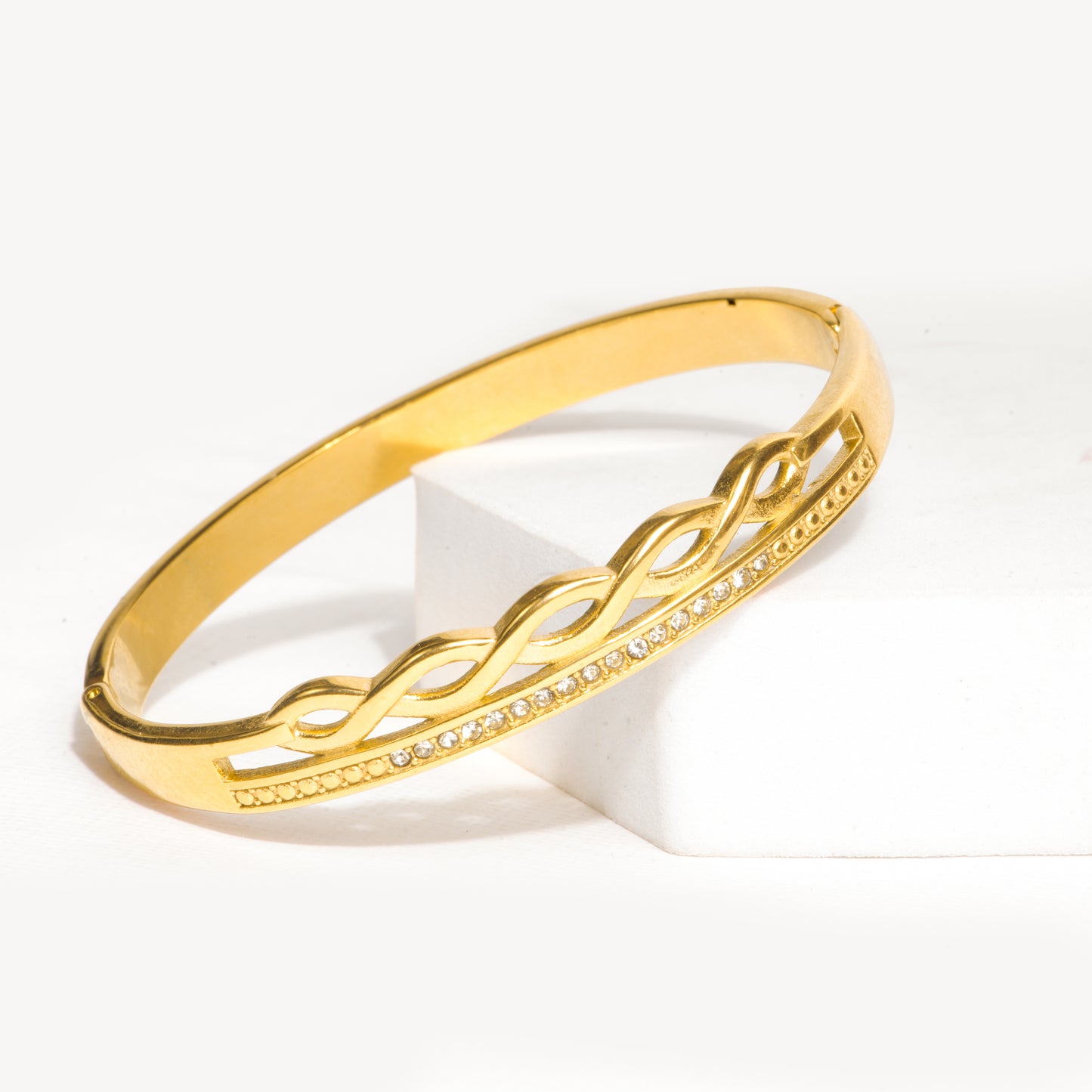 Golden Serpentine Stone Bracelet | Gold-Tone Half-Braided Bangle with Intertwined Rope Design & Micro-Pavé CZ Row | Elegant Everyday & Festive Bracelet