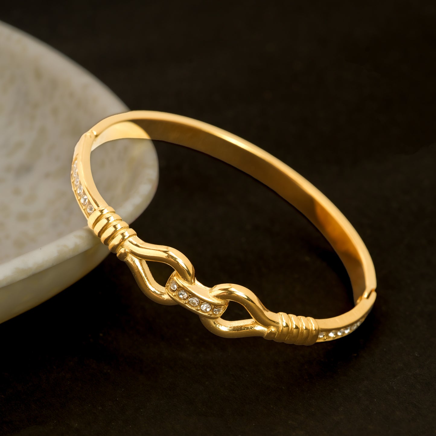 Pavé Hook Clasp Bracelet | Gold-Tone Bangle with Interlocking S-Hook Motif & Sparkling CZ Accents | Modern Minimal Luxe Bracelet