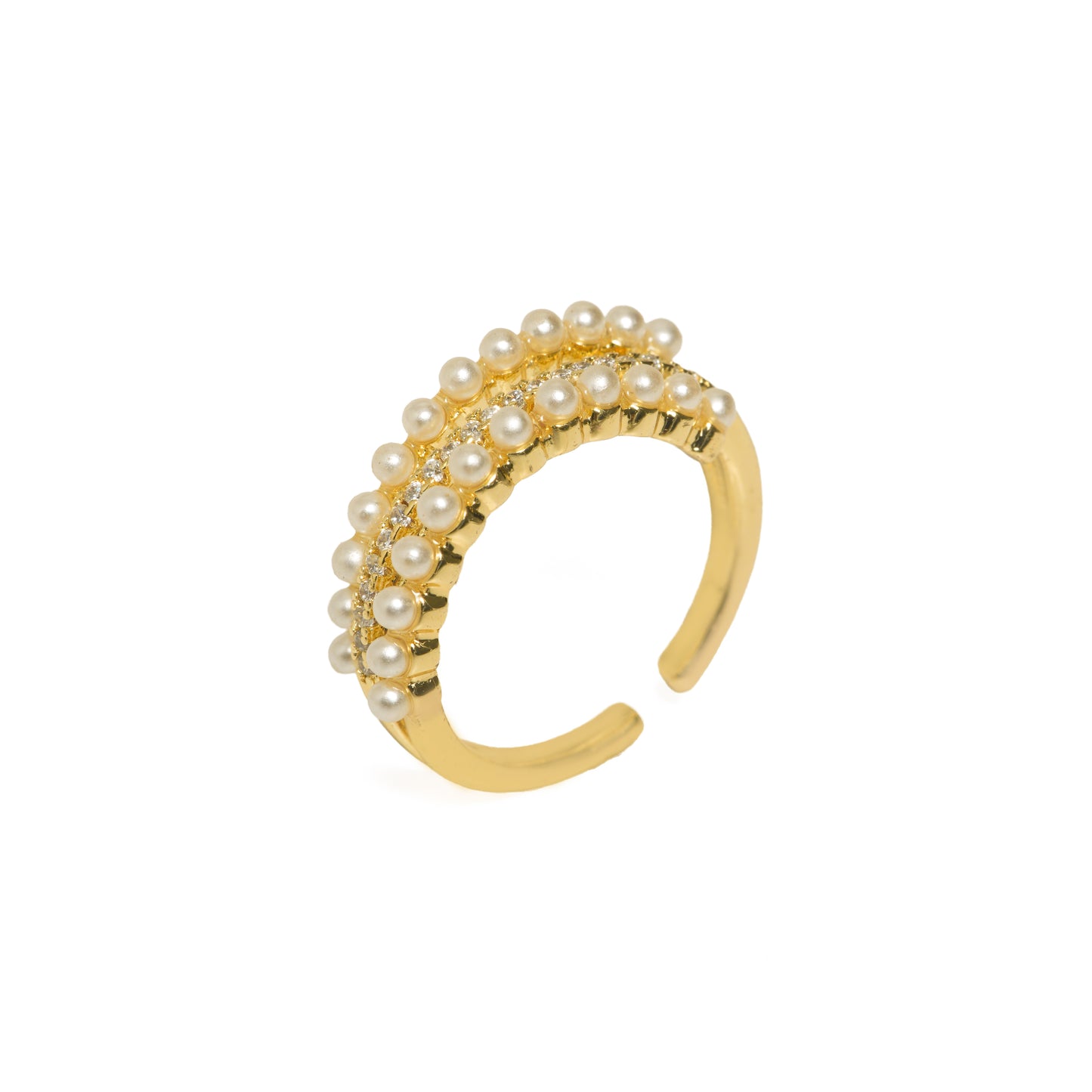 Triple-Row Pearl & Pave Ring | Gold-Tone Adjustable Wide Band with Central Pave CZ Row & Dual Pearl Borders | Luxe Statement Ring for Women