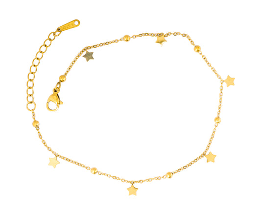 Celestial Dangle Star Charm Anklet in Gold Tone – Delicate Chain Anklet with Mini Star Pendants & Bead Detailing for Everyday Elegance