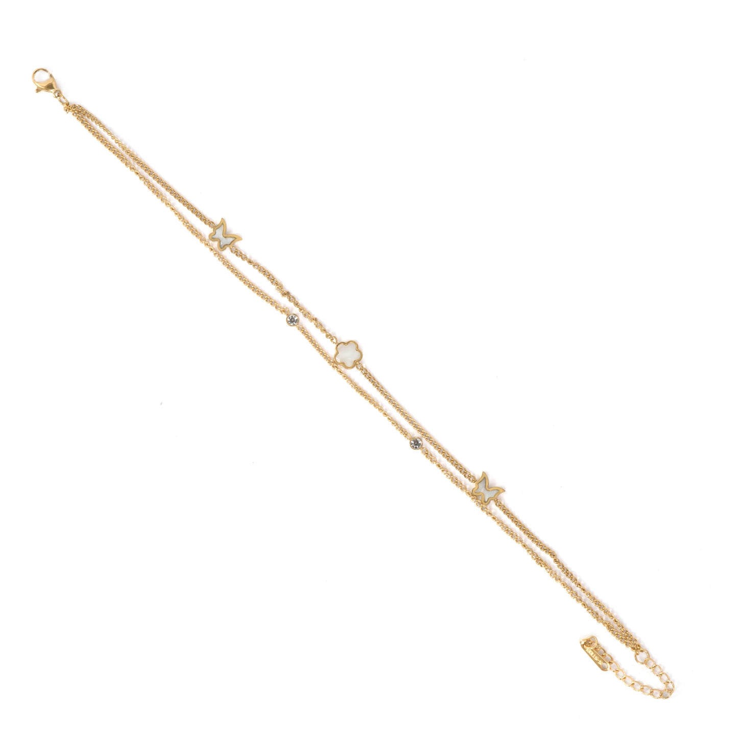 Whimsical Charm Double-Layer Gold-Tone Anklet for Women – Mother-of-Pearl Butterfly & Flower Charms with CZ Stone Accents | Elegant Minimal Jewellery for Daily Wear