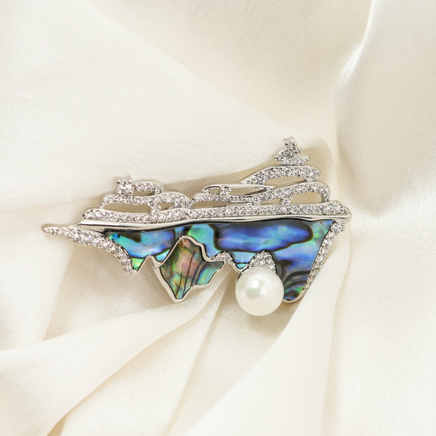 Abstract Abalone Mountain Brooch | Silver Tone Landscape Brooch with Iridescent Abalone Inlay, Pave CZ Waves and Pearl Accent | Artistic Statement Pin for Sarees and Formal Wear