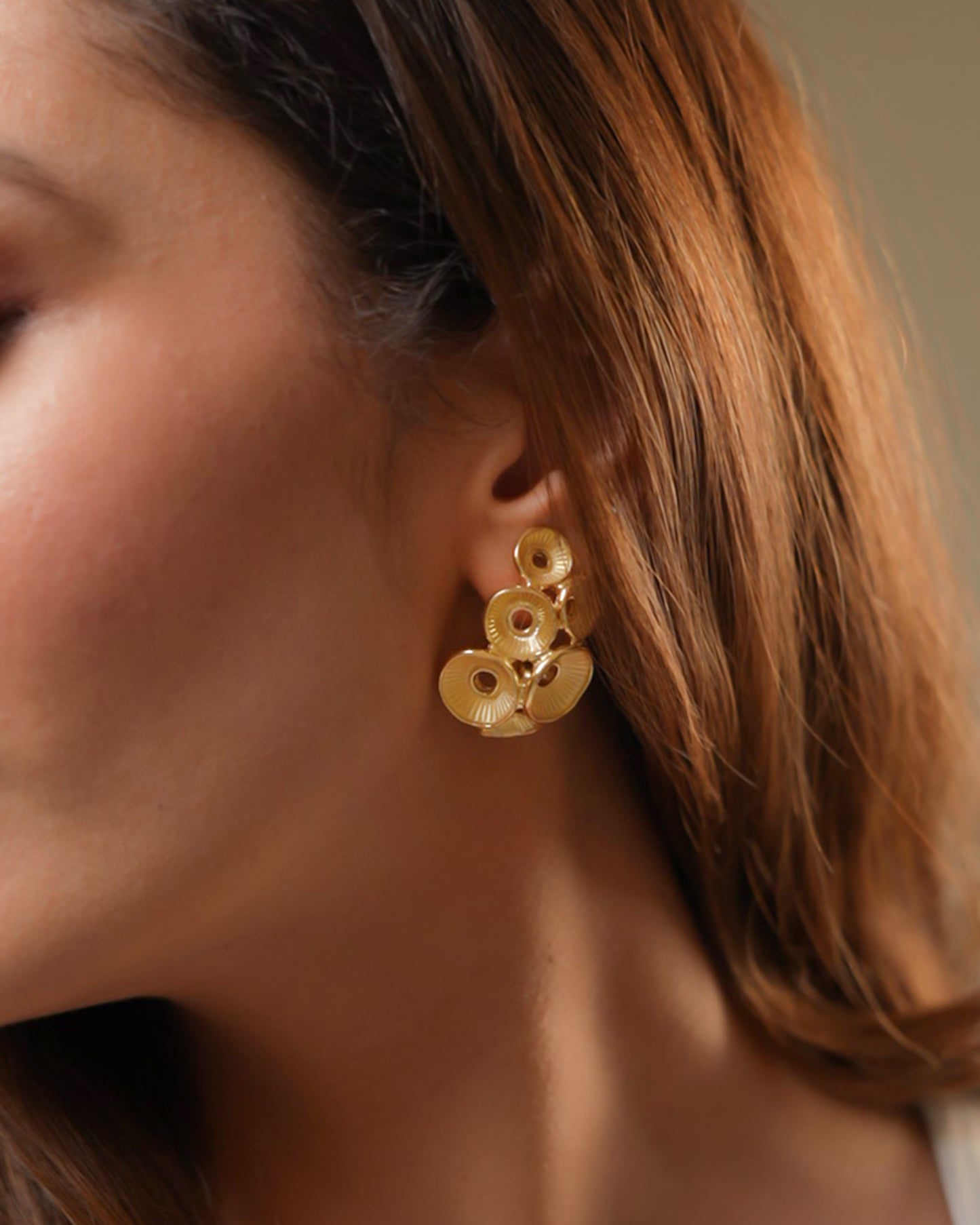 Gold-Plated Abstract Floral Cluster Earrings with Layered Petal Motifs and Contemporary Sculptural Design for Statement Elegance