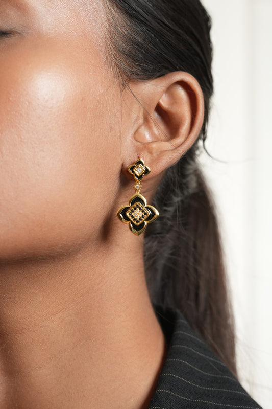 Black and Gold Clover Drop Earrings