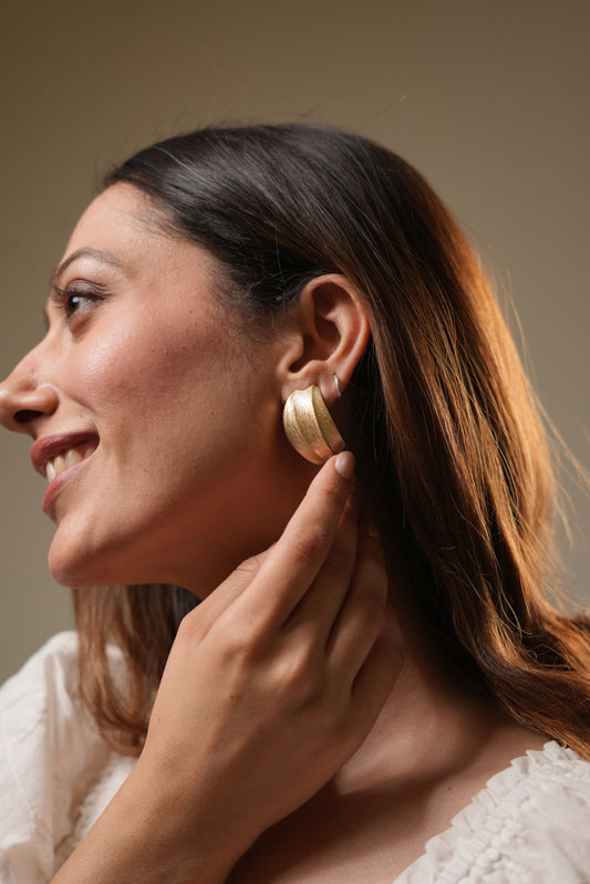 Gold-Plated Domed Stud Earrings with Matte Textured Finish and Grooved Detailing for Classic Timeless Sophistication