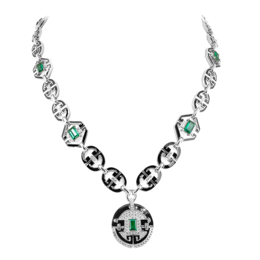Art Deco Inspired Silver-Tone Statement Necklace with Black Enamel Detailing and Green Stone Accents